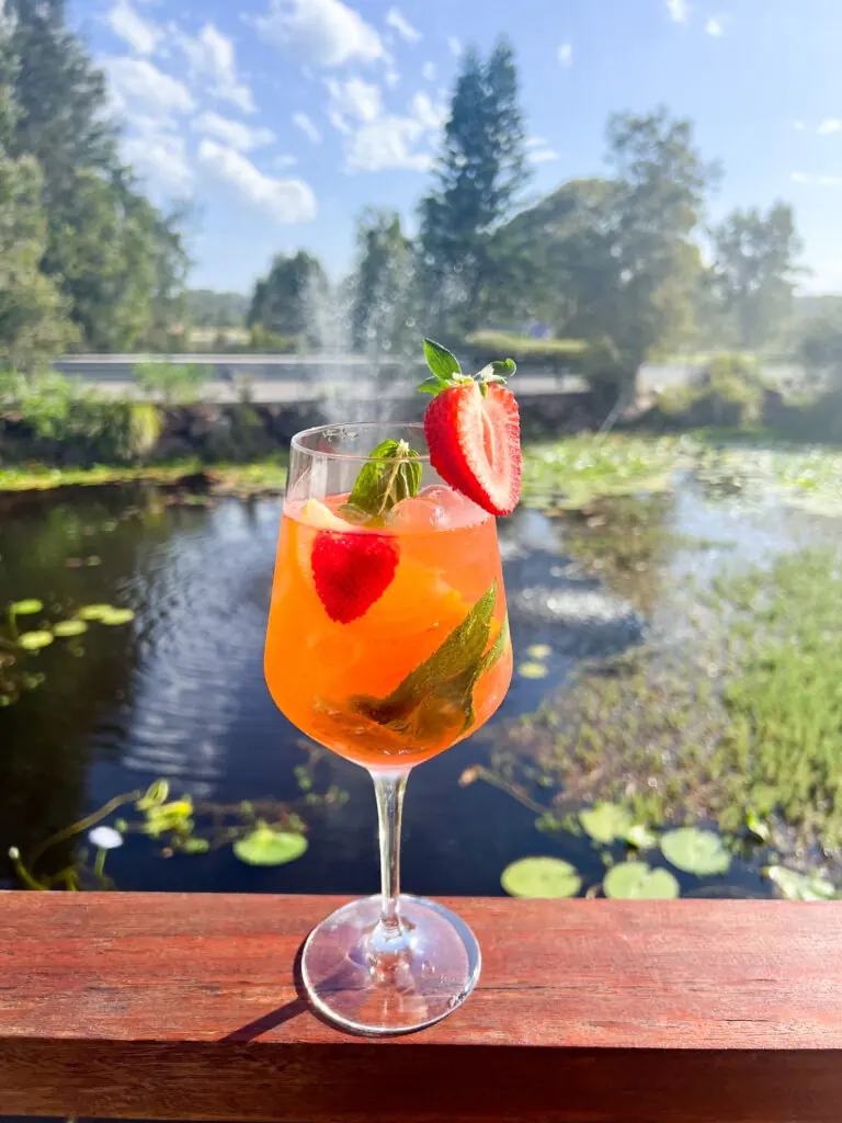 Strawberry-garnished drink overlooking the lake at DBar