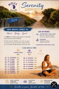 Myles Yoga class schedule and offerings at Serenity Diamond Beach from September to December 2026