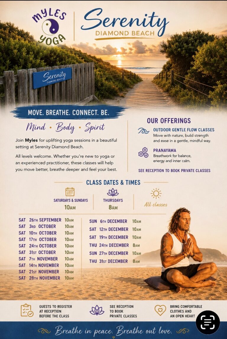 Myles Yoga class schedule and offerings at Serenity Diamond Beach from September to December 2026