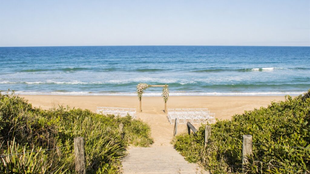 Wedding ceremony setup on the Serenity Diamond Beach boardwalk