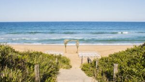 Wedding ceremony setup on the Serenity Diamond Beach boardwalk