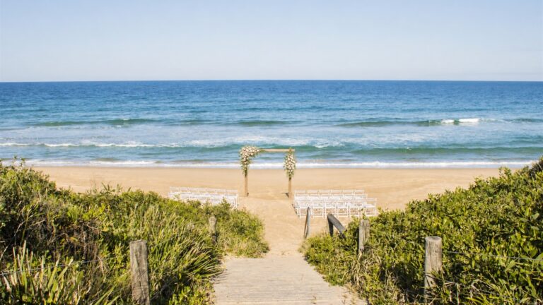 Wedding ceremony setup on the Serenity Diamond Beach boardwalk